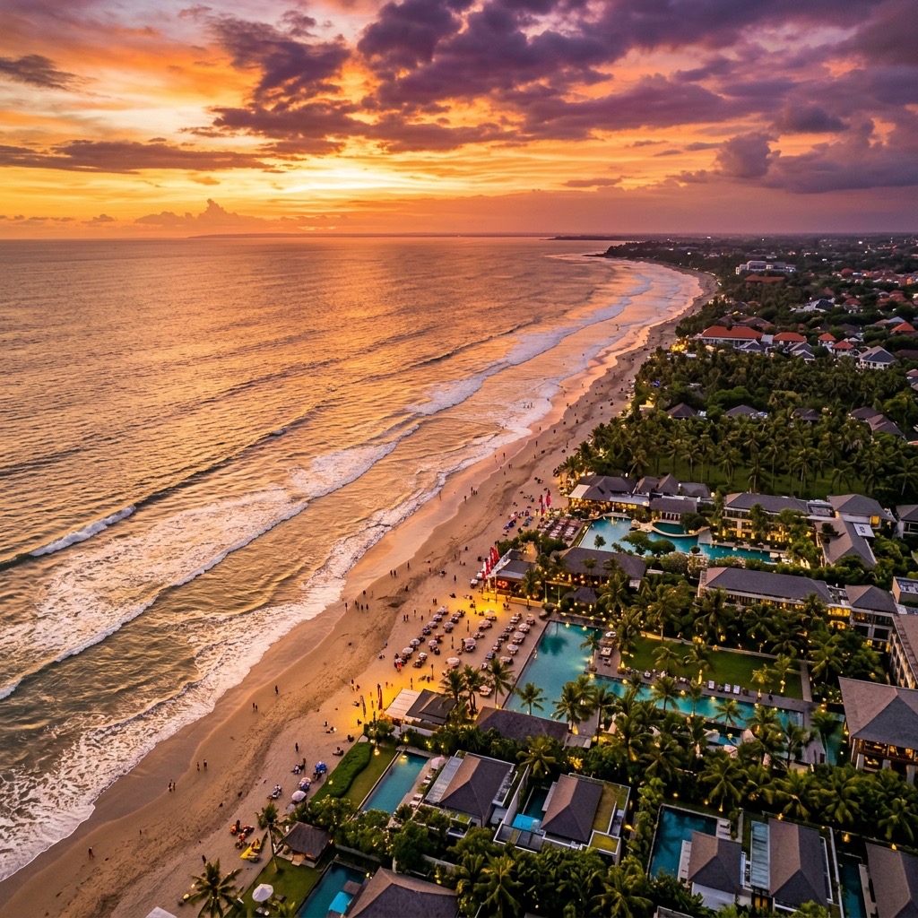 Luxury resorts on Seminyak beach Bali at sunset